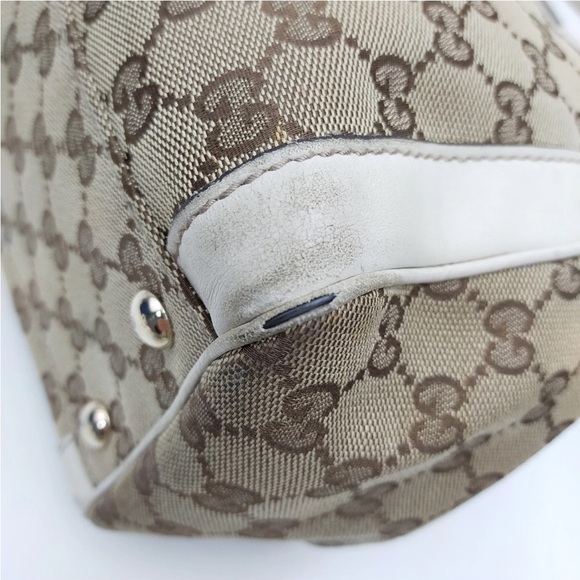 ✨ GUCCI ✨ Authentic GG Canvas White Leather Flower Handbag Satchel Tote - Picture 9 of 16